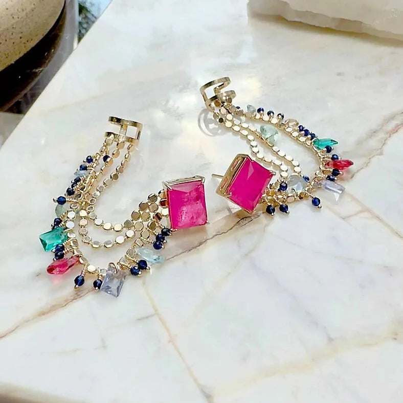 FRINGE PINK TOURMALINE EAR CUFF EARRING