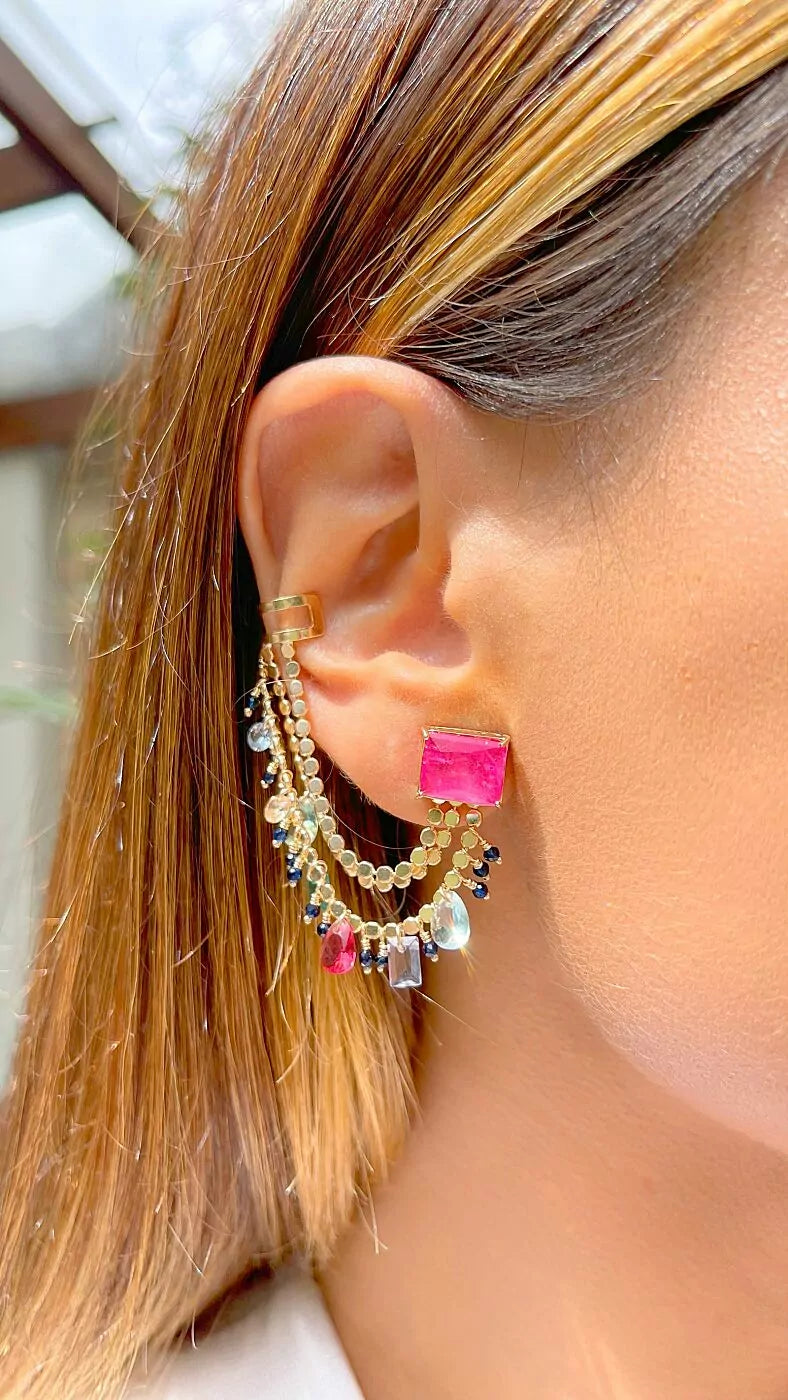 FRINGE PINK TOURMALINE EAR CUFF EARRING