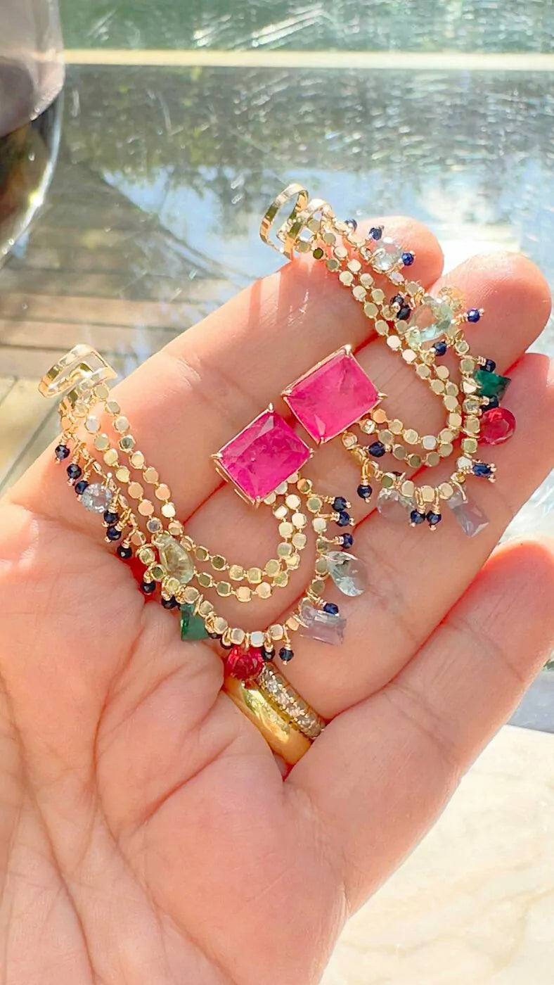 FRINGE PINK TOURMALINE EAR CUFF EARRING
